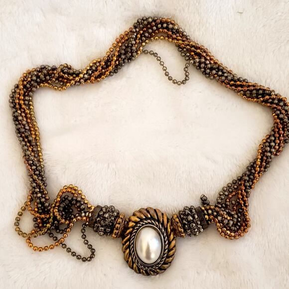 Vintage Multi-strand Black Silver Gold Colored Necklace Faux Pearl, Magnet Clasp - Picture 4 of 6